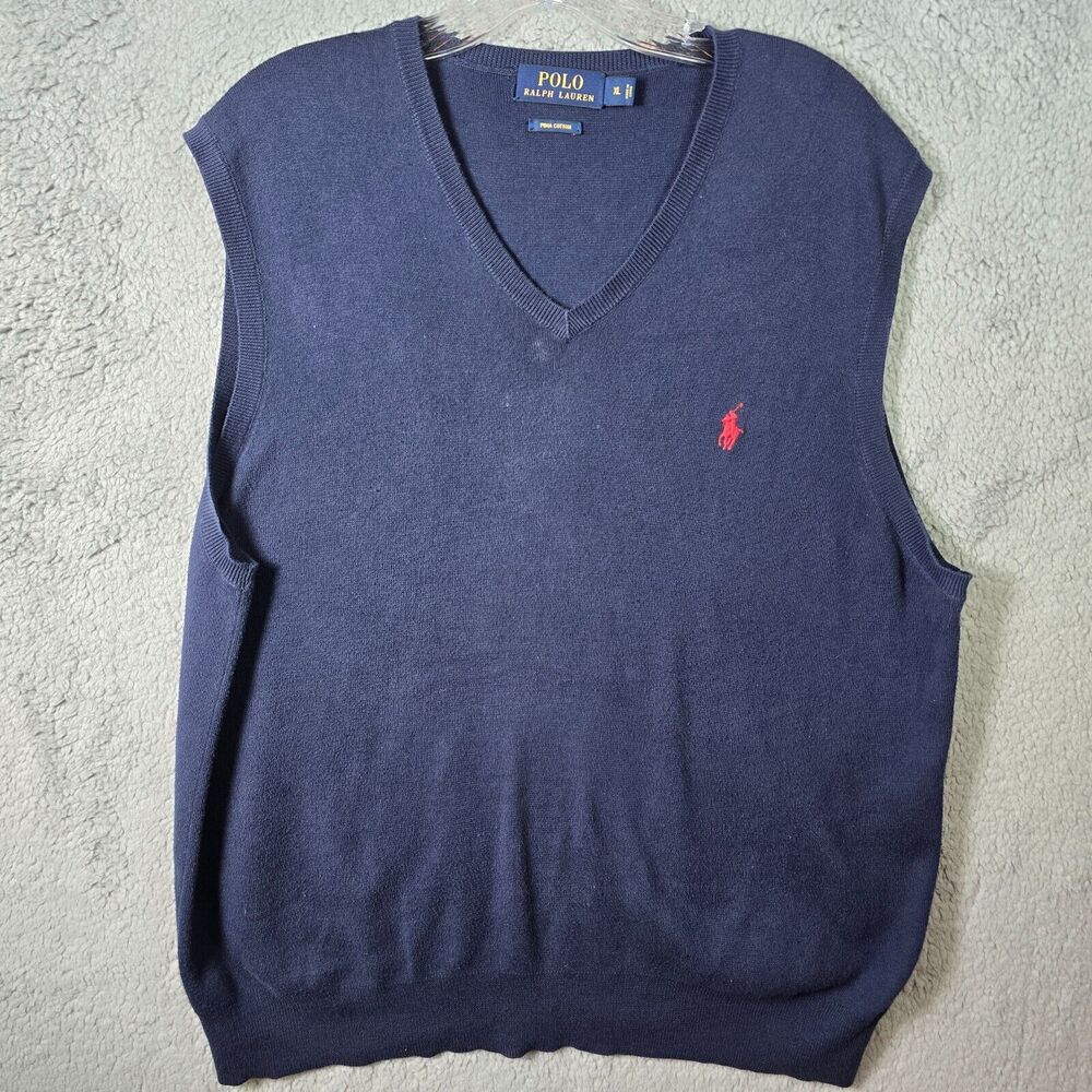 Polo Ralph Lauren Men's Pima Cotton Sweater Vest Navy Blue Red Polo Pony Size XL